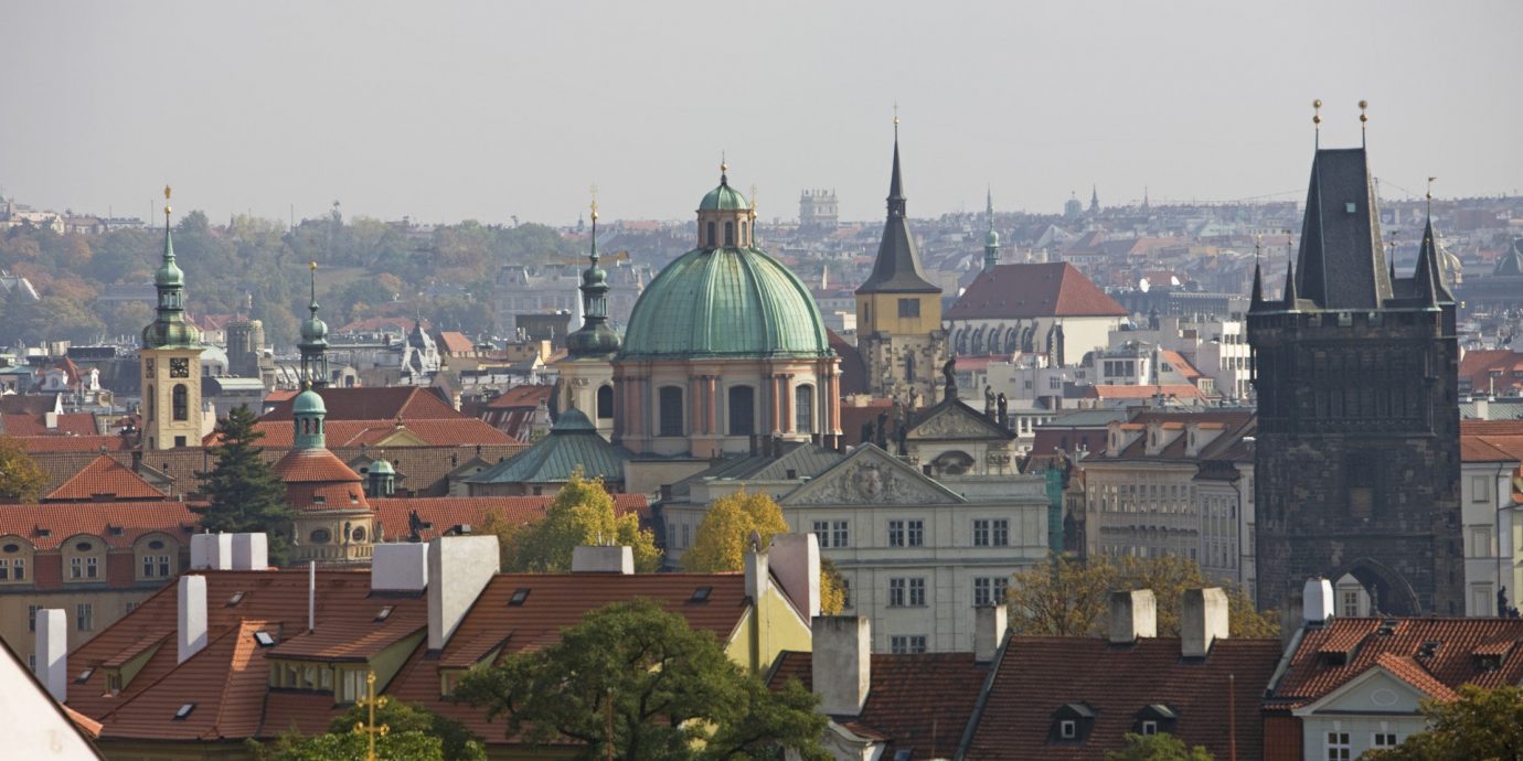 europe Hotels Prague outdoor Town building skyline City landmark cityscape urban area human settlement tourism Downtown cathedral place of worship Church old