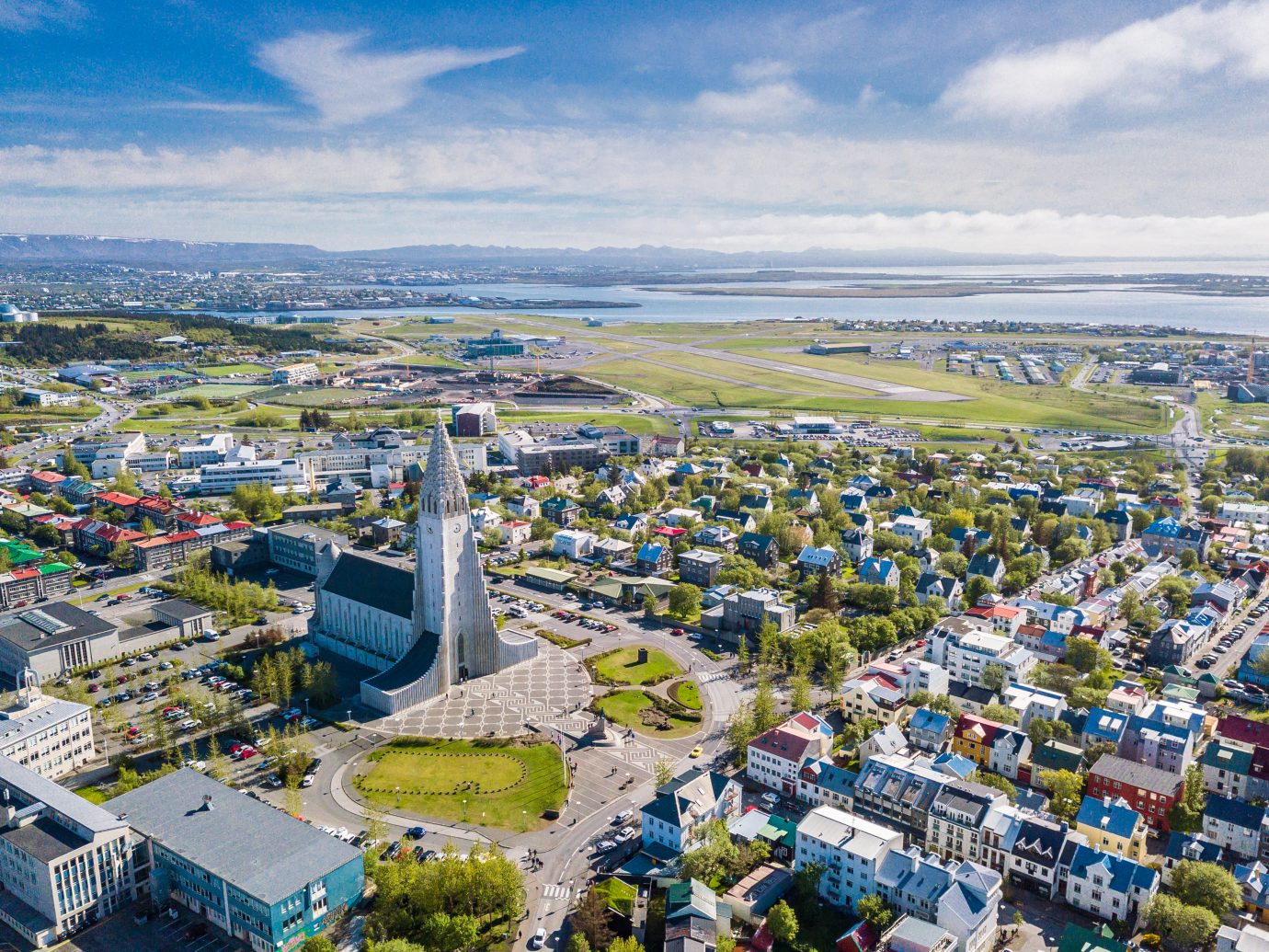 Reykjavik Iceland city scape frop the top with Hallgrimskirkja church.